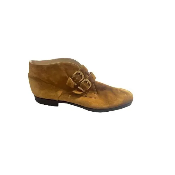 Ferragamo Womens Tan Double Buckle Suede Ankle Boots Size 6B